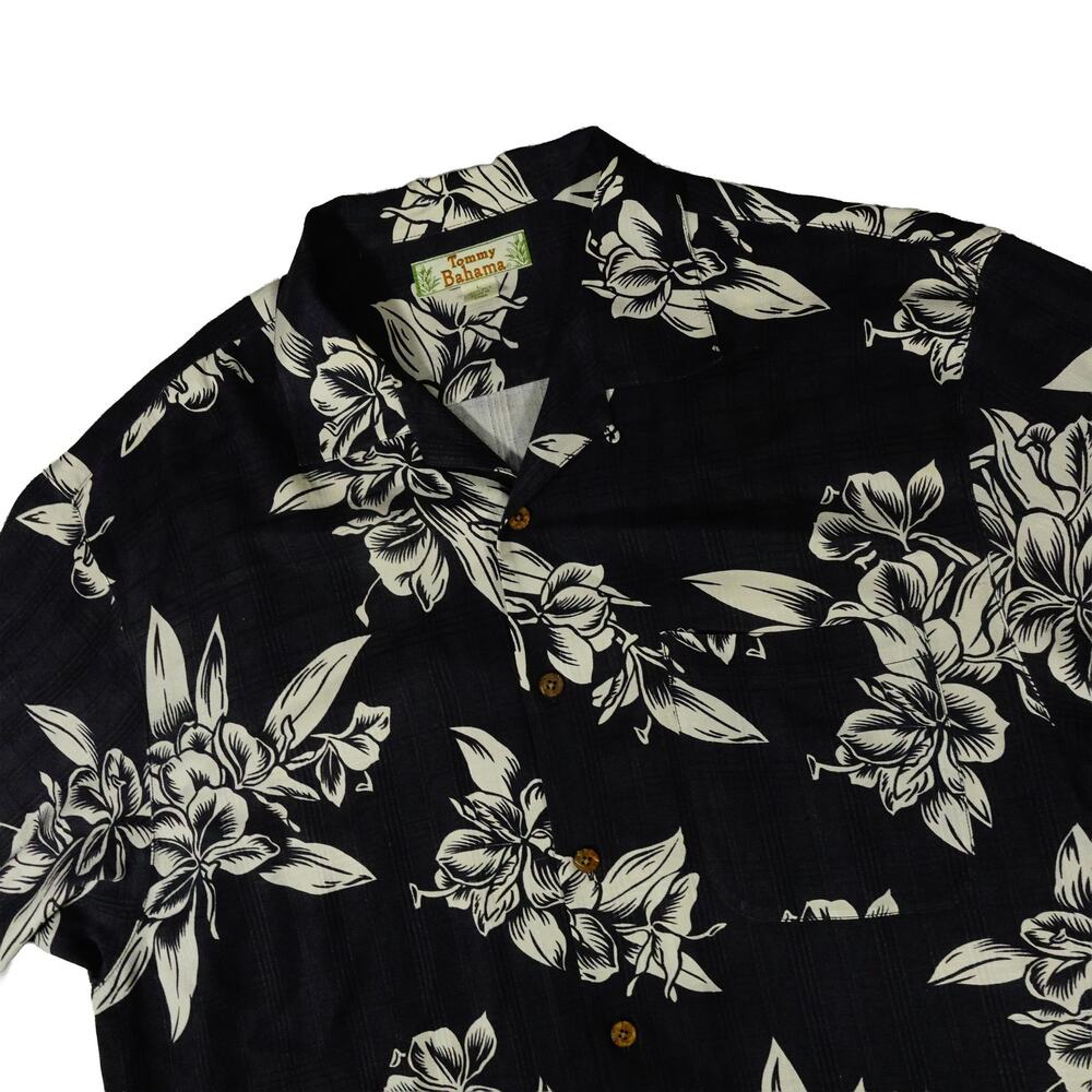Tommy Bahama Vintage Silk Black Floral Hawaiian Button Up Camp Shirt Large